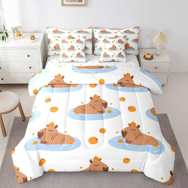Ensemble de Literie Capybara 7 Pcs Lit en Sac Simple, Ensembles de Literie Kawaii Wild Animals Cartoon Beaver Faune Adorable Rongeurs Animaux de Compagnie Ensemble de Draps Anima avec Couette