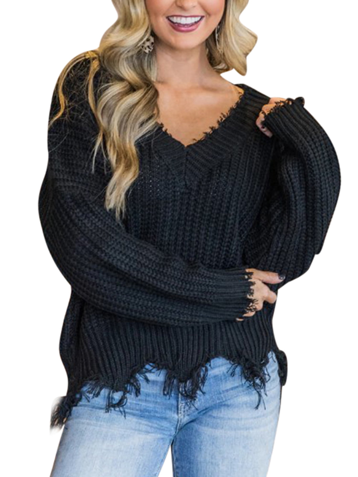 Womens Long Sleeve V Neck Pullover Sweater Casual Knitted Jumper Tops Blouse