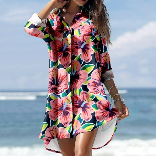 Ruimatai Robe de Plage pour Femmes Liquidation Robe de Plage Grande Taille Été Décontractée Col Rabattu Manches Longues Imprimée Blouse Boutons avec Poche Chemise Robes