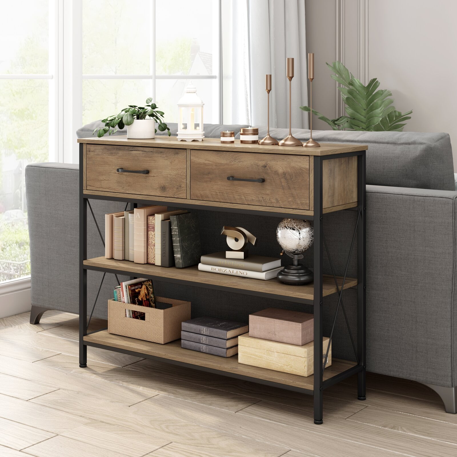 Homfa Console Table with Drawers, 11.8'' Narrow Entryway Table with Storage Shelves, Sofa Table for Living Room, Rustic Brown