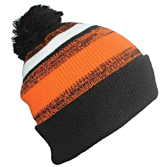 Best Winter Hats Quality Variegated Stripe Solid Cuff Beanie W/Large Pom - Black/Orange