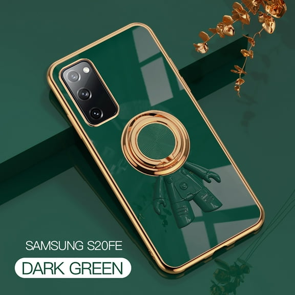 Nalacover Slim Case for Samsung Galaxy S20 FE,Cute Cartoon 6D Plating Astronaut Hidden Magnetic Ring Kickstand Soft TPU Shockproof Corner Protection Drop Proof Edge Bumper Cover.Darkgreen