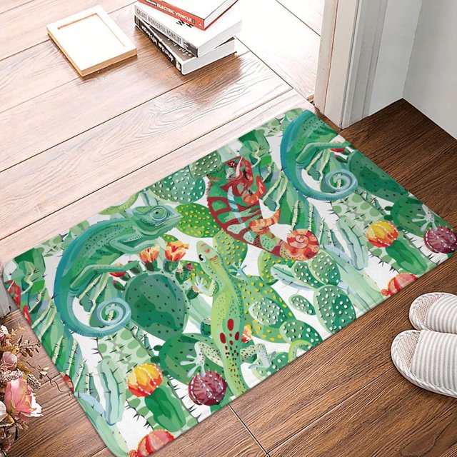 Front Door Mat Cactus Lizard Bedroom Entryway Rug Non-Slip Washable Indoor Carpet Doormat Decorative Low Profile Area Rug for Home Living Room Bedroom Laundry Floor Decor, 24 x 16 Inch