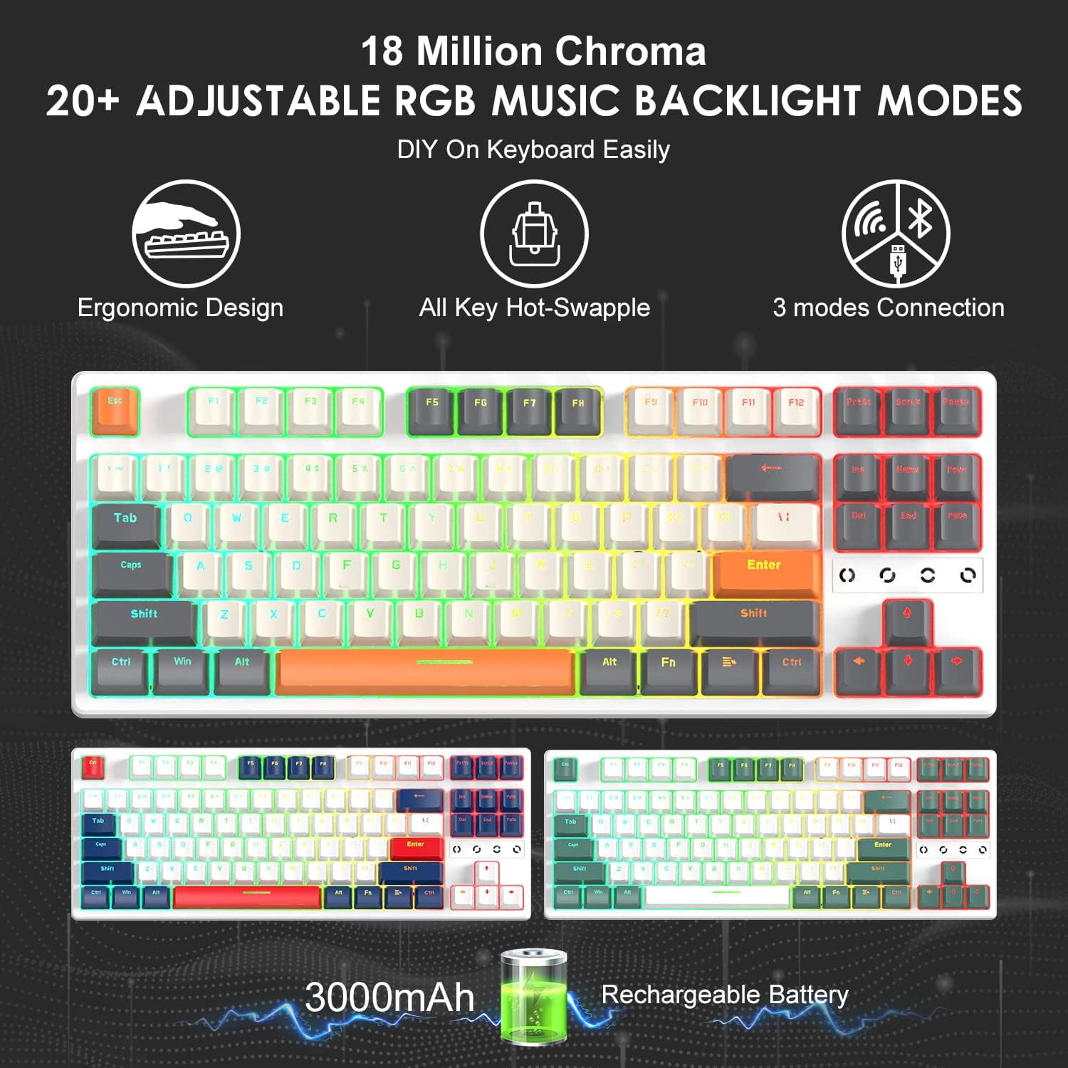Attack Shark Gaming Keyboard 2.4G/BT5.0/USB-C Cable,Hot-swap Tactile Switch,RGB,3000mAh for PC