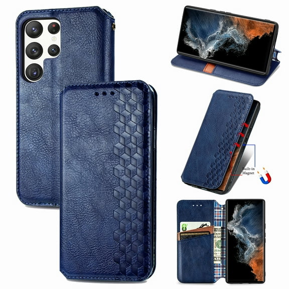 Allytech Flip Wallet Case for Samsung Galaxy S23 Ultra, Premium PU Leather Luxury Case with Kickstand & Card Slots, Magnetic Closure Inner Soft TPU Shockproof Protective Case for Women Men - Blue