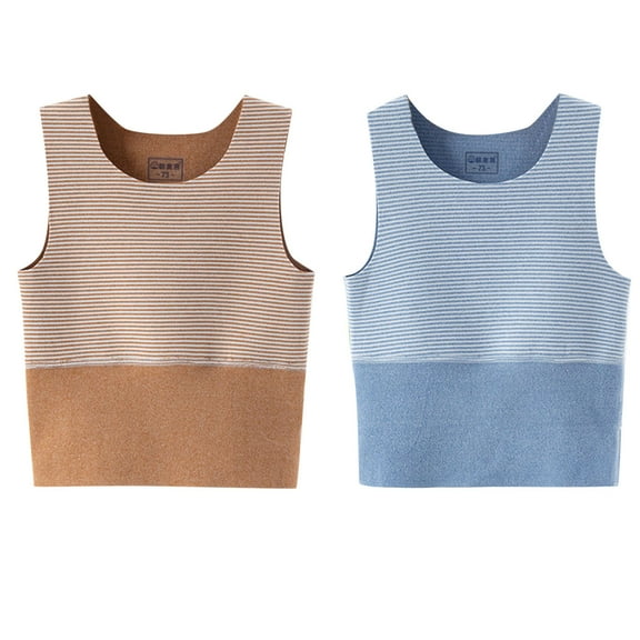 Virmaxy (0-4y)2pc Baby Cotton Tank Top Toddler Striped Printed Round Neck Warm Vest Padded Thickened Shoulders Cardigan Undershirt Blue 73