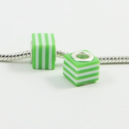 Cube 3 Light - 3 Beads - Resin Cube Stripe Green Silver European Bead Charm E0249