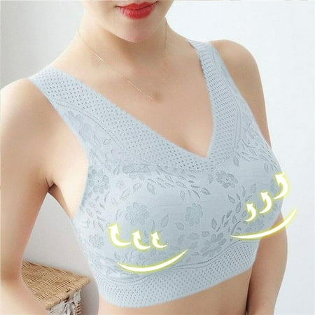 Qonioi Clearance Plus Size Sports Bras  Ladies Traceless Comfortable No Steel Ring Lace Breathable Gathering Bra Woman Underwearbluesmall # Summer Clearance Women s Clothing Gray L