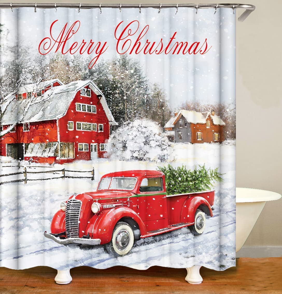 SPXUBZ Red Truck Christmas Shower Curtains for Bathroom, Vintage