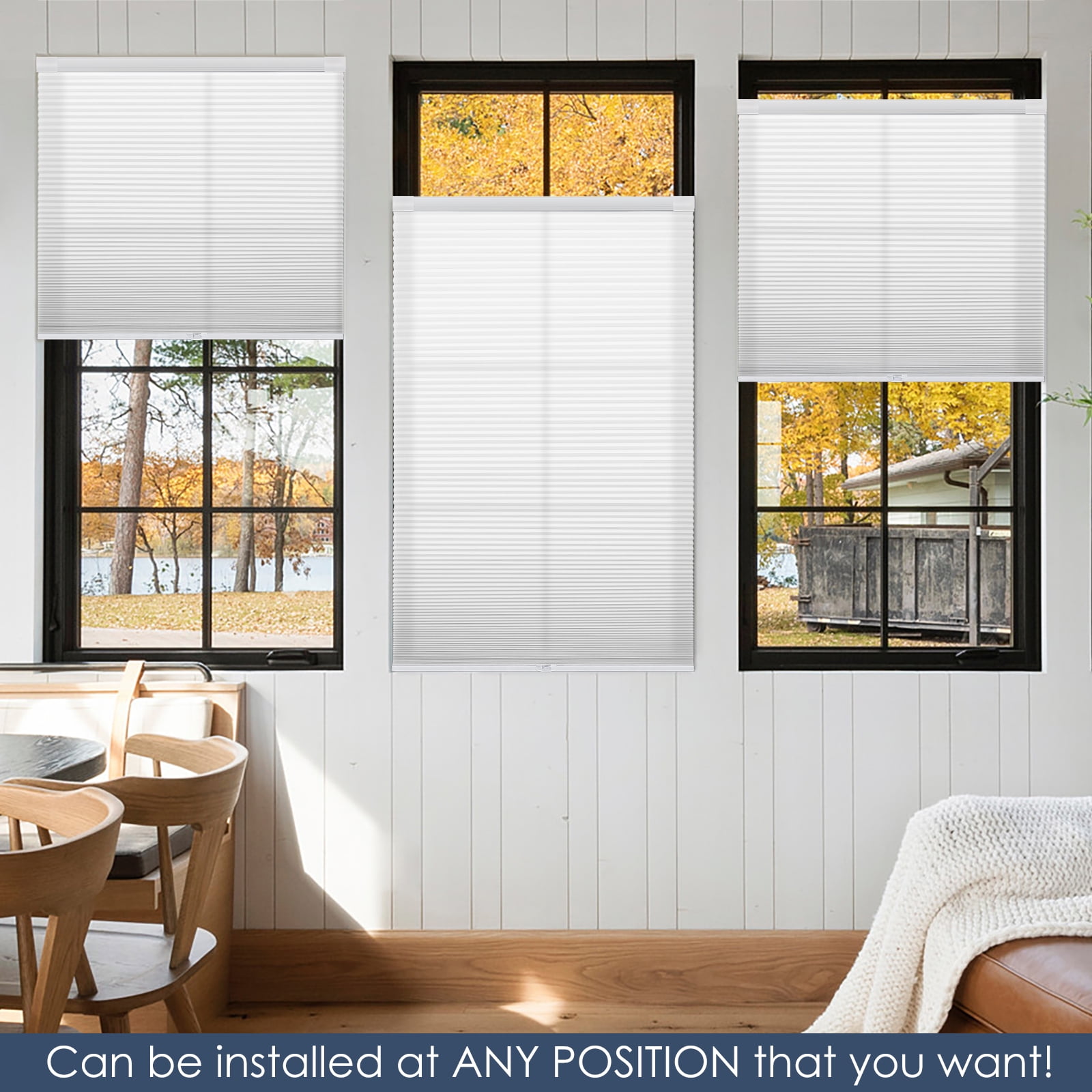 Keego No Drilling Cordless Cellular Shades Honeycomb Window Blinds Easy Installation Heat Insulating Noise Reducing Curtains Semi-Blackout White, 28.5"w x 60"h