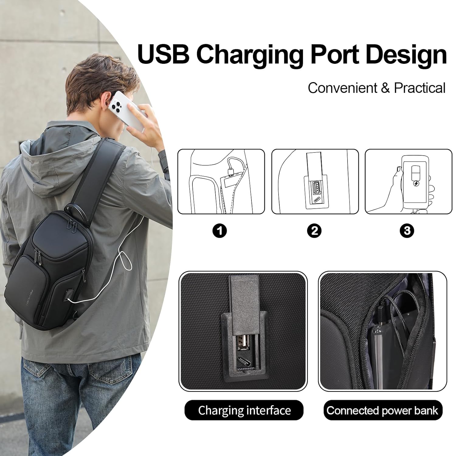 FENRUIEN Sling Bag Crossbody Backpack with USB Charging Port,Black