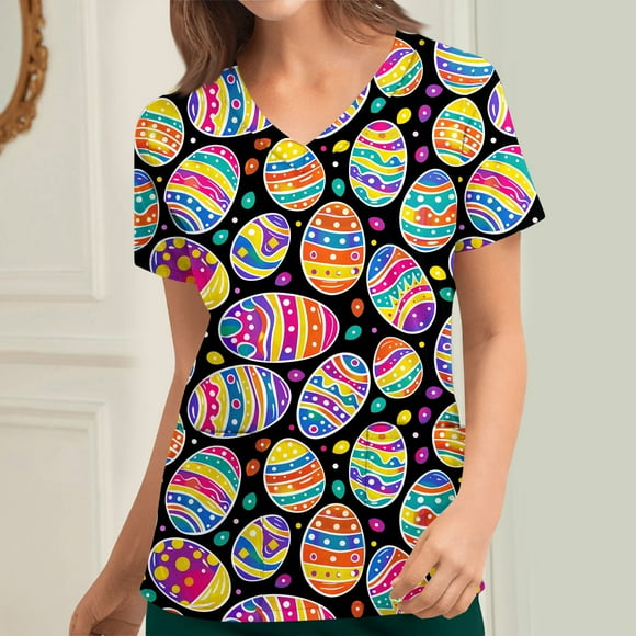 VKOYWKM Womens Easter Day Scrubs Fashion Easter Eggs Graphic Tees Short Sleeve Nursing Unifroms Stretchy V Neck Working Unifroms with Pockets