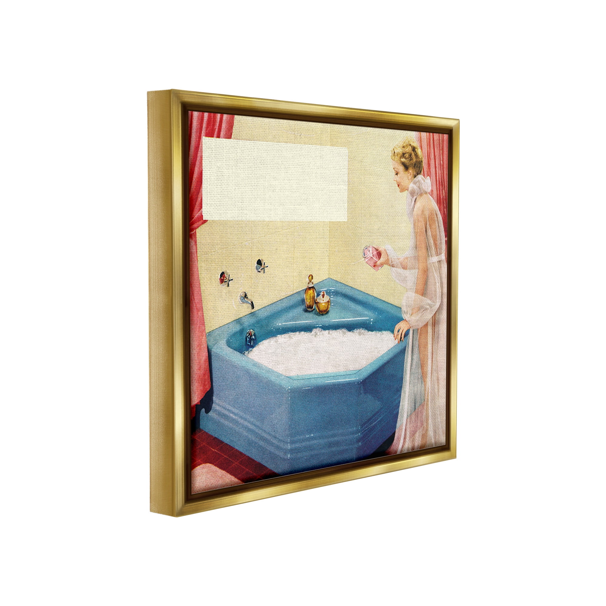 Stupell Industries Vintage Bubble Bath Girl Novelty Painting Gold Floater Framed Canvas Art Print Wall Art, 18 x 18