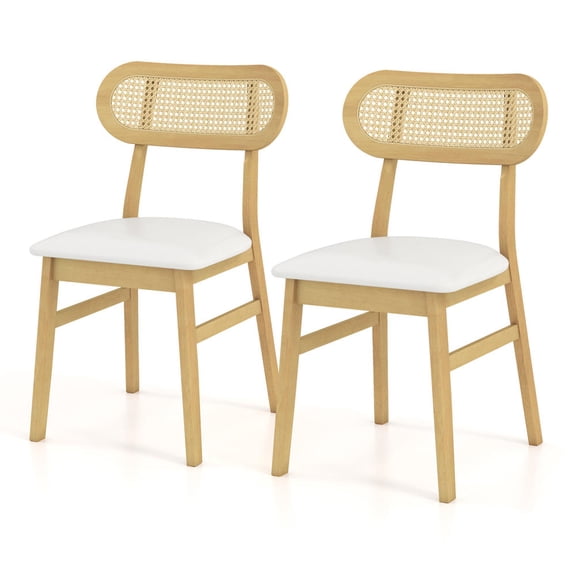 White Mid Century Dining Chairs Set of 2, Wood Frame, Rattan Back, Pu Leather Seat