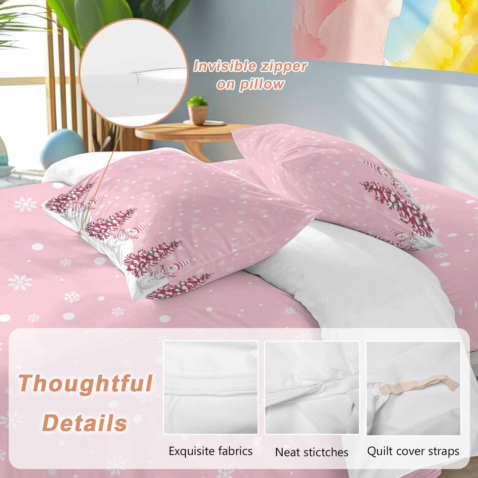 Pink Christmas Bedding Duvet Cover Set King Size 4 Pieces Snowman Christmas Tree Winter Snowflakes Bedding Set with Zipper Closure, 1 Comforter Cover 92x106 Inches 1 Flat Sheet & 2 Pillow Cases