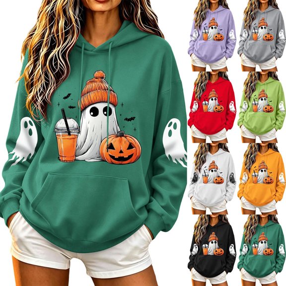 AGWOLF Halloween Sweatshirts Women Cute Ghost Graphic Pullover Hoodies Stretch Going Out Long Sleeve Sweater Tops Halloween Costumes Purple S
