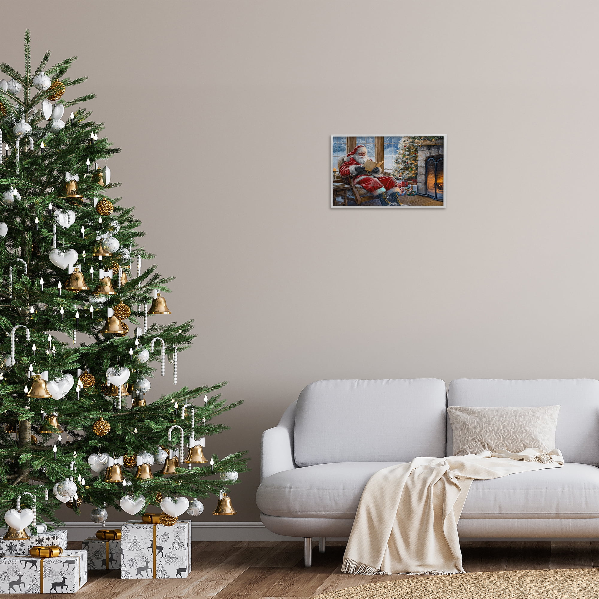Stupell Industries Santa Reading by Fire Holiday Painting Gray Framed Art Prints Wall Art, 18 x 12