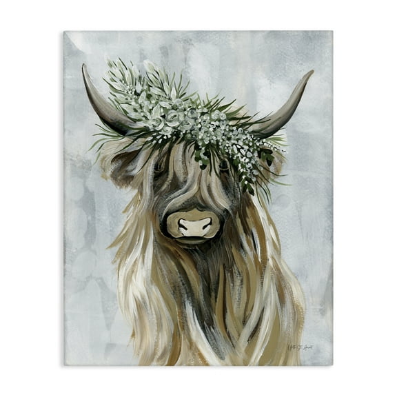 Stupell Industries Floral Crowned Bovine Animals Painting Wrapped Canvas Art Print Wall Art, 16 x 20