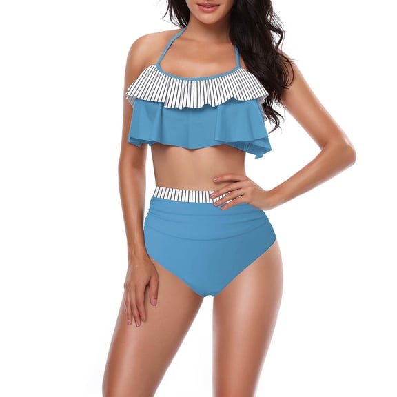 Xdegoge High Waisted Bikini Sets for Women Two Piece Halter Layered Flounce Ruffle Top Color Block Tummy Control Bathing Suits Summer Vacation Beach