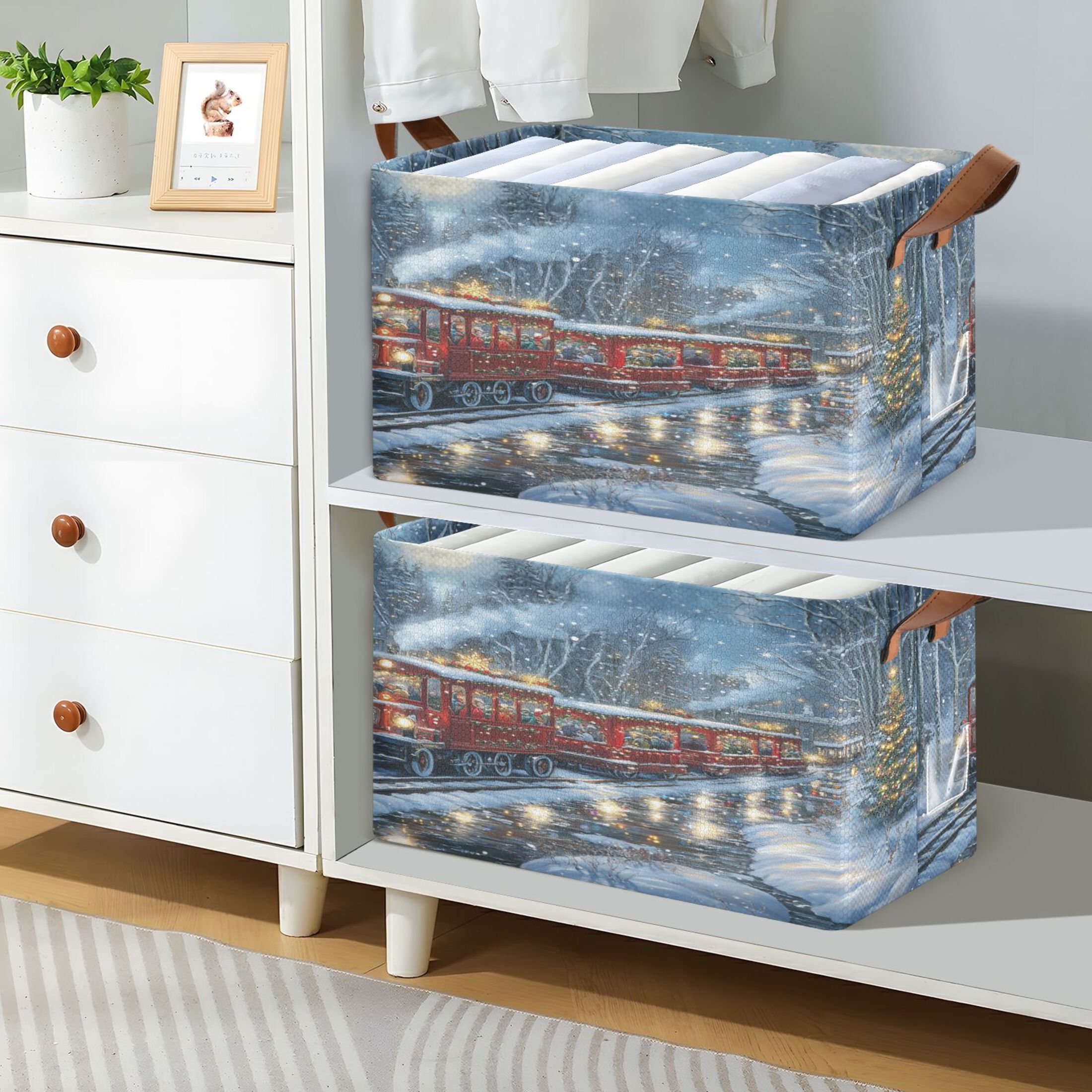 Christmas Train Picture Storage Basket Soccer Plaid Fabric Hoard Box Oversized Collapsible Closet Organizer with Metal Iron Frame 16.9×11.4×10in