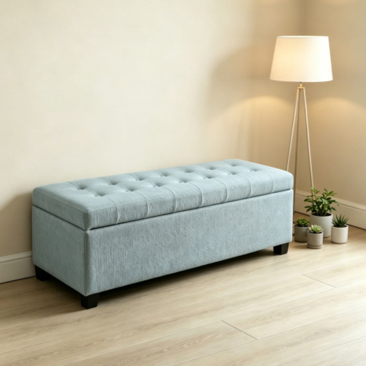 49.75" Storage Ottoman Bench, Tufted Entryway Bench with Safety Hinge, Wooden Legs Faux Leather Storage Seat for Bedroom Living Room, Baby Blue