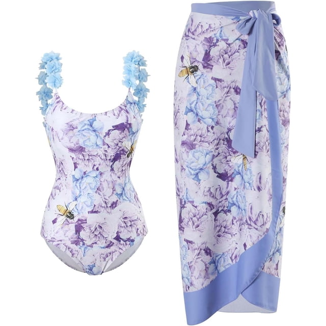 Trajes de baño de una pieza para mujer con pareo de playa para cubrir faldas largas, trajes de baño de dos piezas con estampado vintage