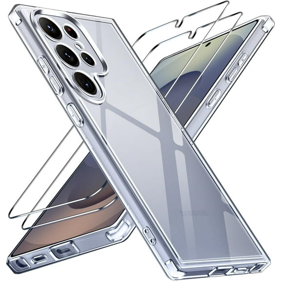 3-in-1 Case for Samsung Galaxy S25 Ultra 5G 6.9” with 2 Pack Tempered Glass Screen Protector[Full Coverage], [Military Grade Protection] Slim Phone Bumper Cover Clear [Non-Yellowing]