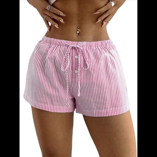 Pantalones Cortos de Playa de Verano con Cintura con Cordón y Estampado de Rayas para Mujer. Rayas Rosas S