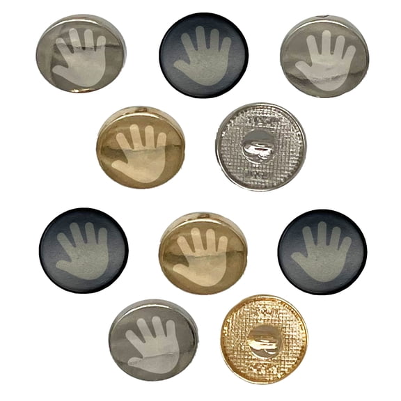 Handprint Solid Set of 10 Metal 0.6" (15mm) Sewing Shank Round Buttons - Black Color