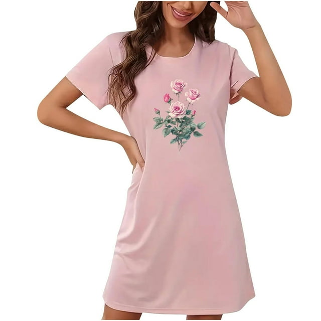 Xysaqa Chemises de Nuit & Chemises de Nuit pour Femmes, Chemises de Nuit pour Femmes Manches Courtes Douces Robe de Nuit Imprimée Florale Chemise de Nuit Économies d'Été Rose S