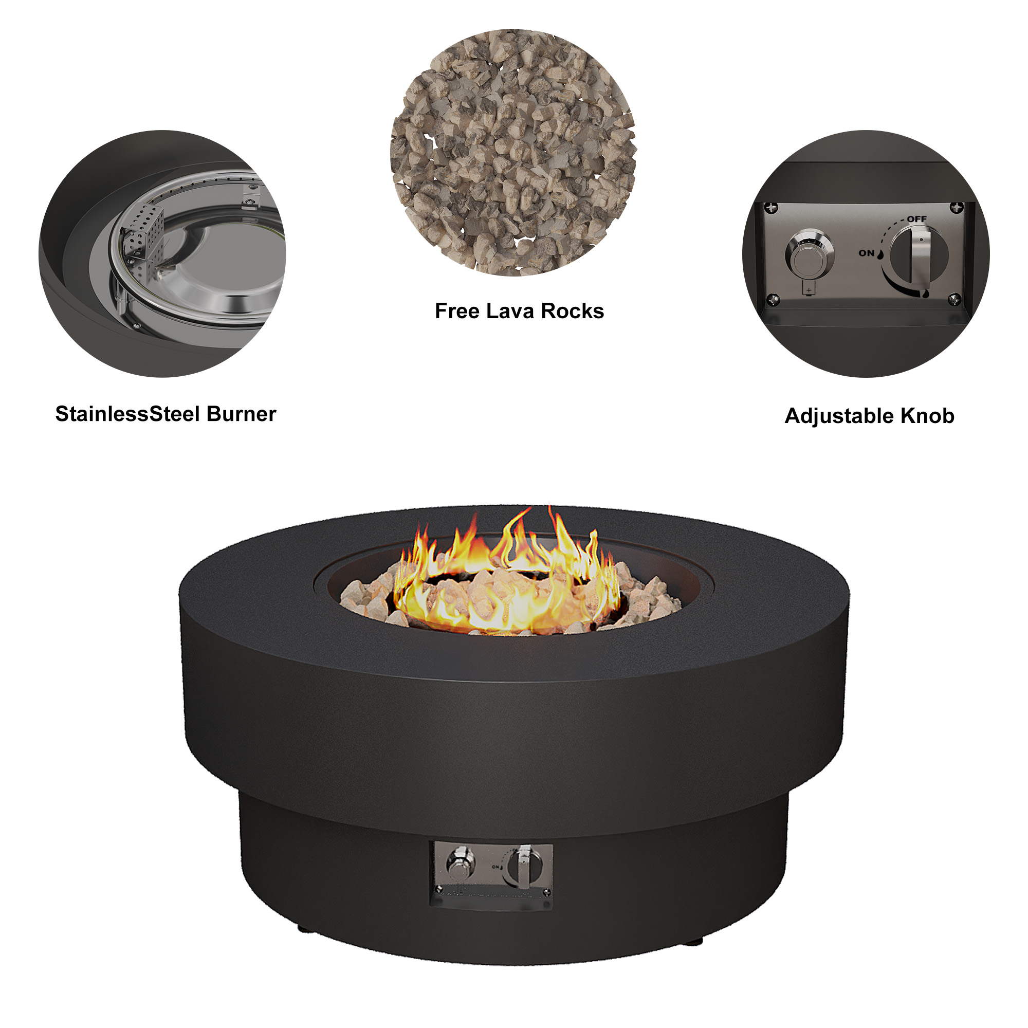 HongTaoK 32.5 inch Round Propane Fire Pit Table with Lava Rock, 50K BTU, Black
