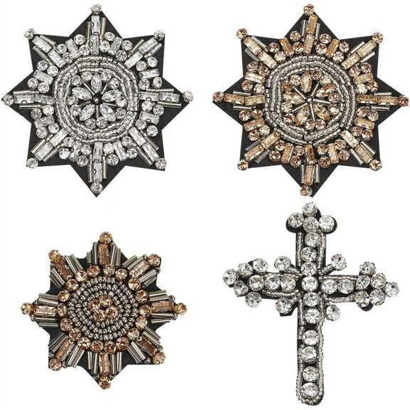 4pcs Rhinestone Cross Patches - Beaded Sun Patch Crystal Applique Gothic Sew-on Sparkling Embroidery Appliques for DIY Clothes Jeans Jackets Shirts Handbags Shoes