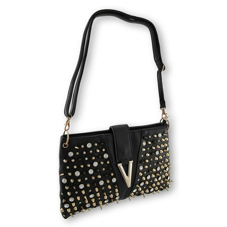 Zeckos Black Handbag With Gold Spikes Studs And Rhinestones Black Handbag With Gold Spikes Studs And Rhinestones