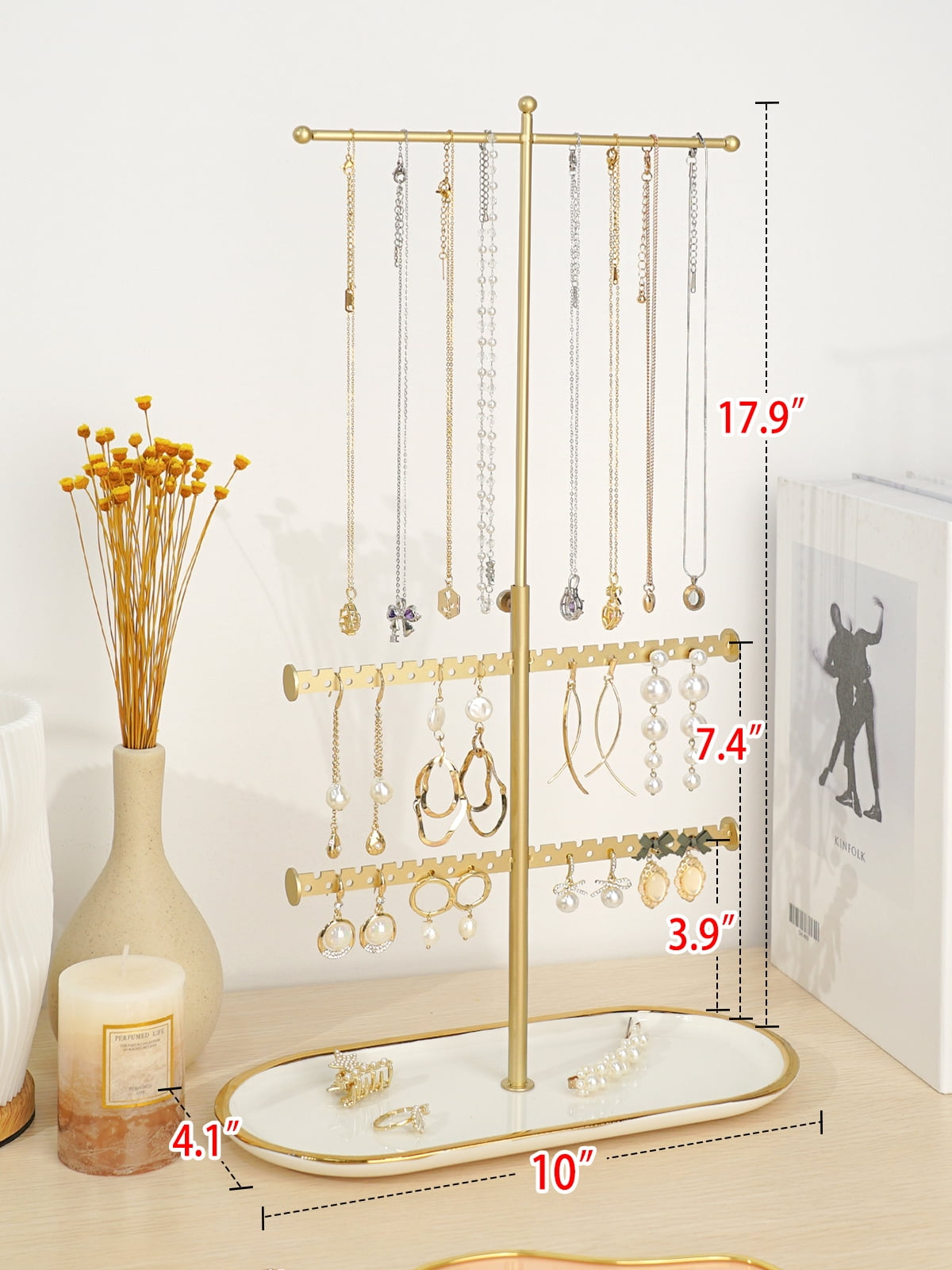 Cirhy Gold Jewelry Organizer Stand with Ceramic Tray – Jewelry Holder for Necklaces, Earrings, Rings & Bracelets, Decorative Jewelry Display for Vanity Dresser, Gift for Women & Girls