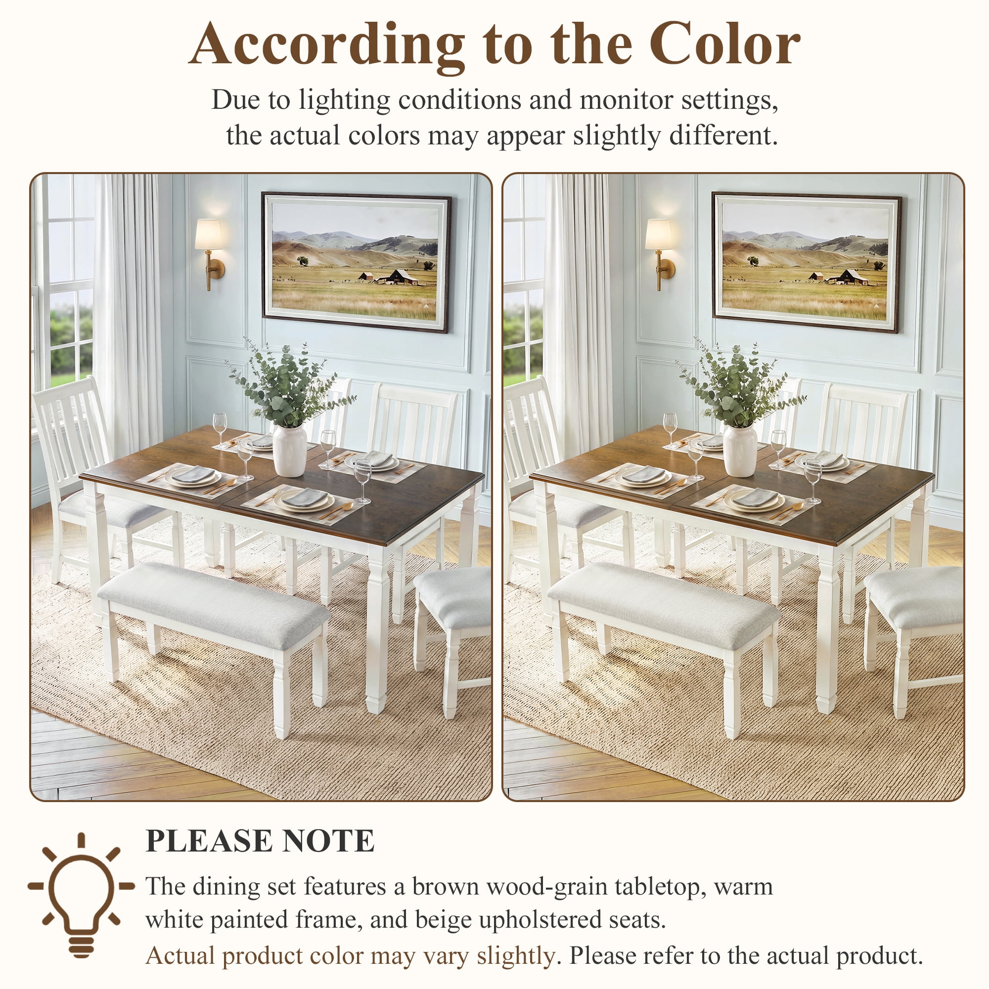 Euroco 6-Piece Dining Table Set for 6, Extendable Kitchen Table Set with 4 Upholstered Chairs and 1 Bench,Farmhouse Dining Set for Small Space, Easy Assembly,Brown + Beige