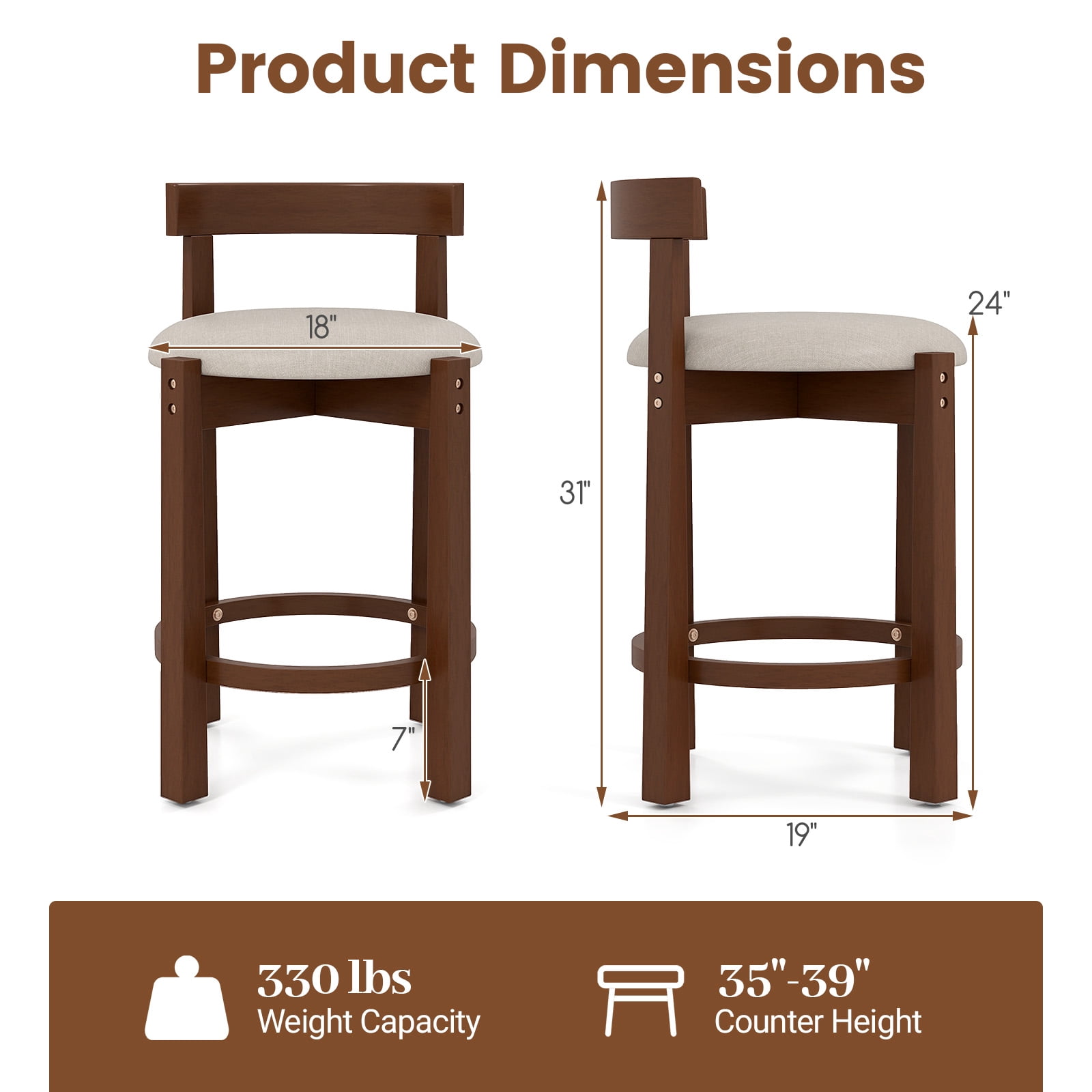 Gymax 24'' Counter Height Bar Stools Set of 2 w/Backrests & Footrests for Kitchen