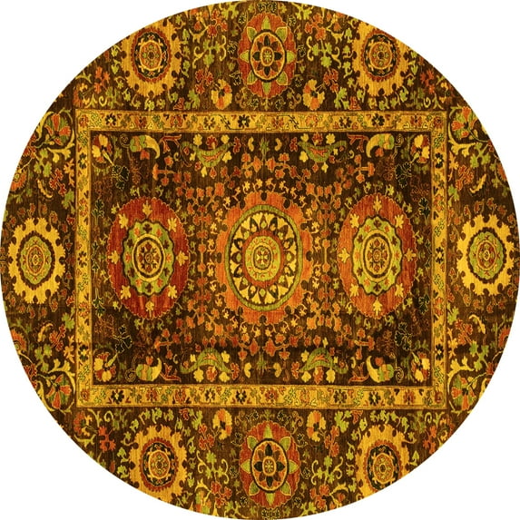 Ahgly Company Machine Washable Indoor Round Oriental Yellow Traditional Area Rugs, 5' Round