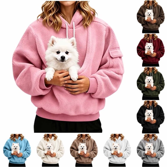 Aswuknt Womens Pet Pouch Hoodie Soft Fuzzy Fleece Hooded Sweatshirt Dog Pouch Cat Carrier Long Sleeve Oversized Pullover With Kangaroo Pocket