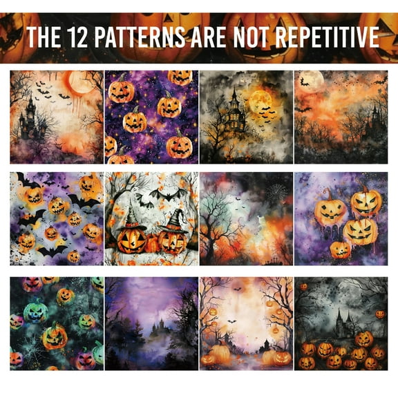 ZLKMQM 12 Pcs Halloween Pattern Decorative Paper, Pumpkin Castle Bat Cobweb Scrapbook Paper Pad for Card Making Supplies, Cardstock DIY Crafts for Photo Album Scrapbook Decor Halloween Party Supplies