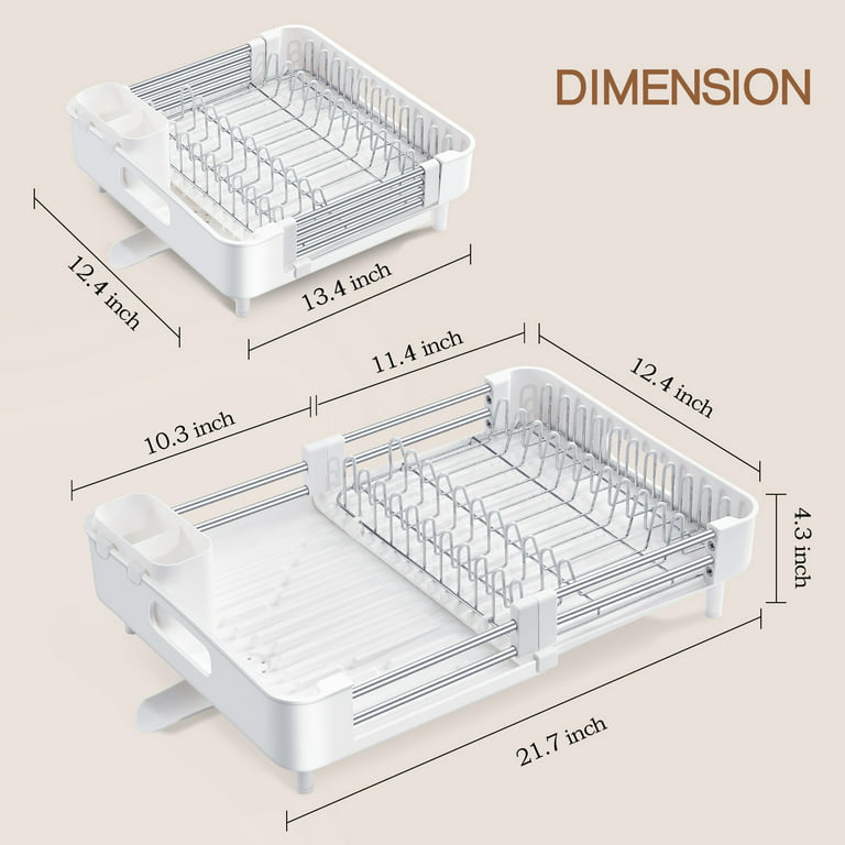 KK Kingrack Extendable Dish Rack, Adjustable Dish Drying Rack for Kitchen,  Foldable Dish Drainer with Removable Cutlery Holder, White 