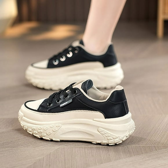XIMIN Women's Leather Platform Increasing High Heel Leather Upper Sneakers Fashion Chunky Lace Up Sports Trainers High Top Casual Non-Slip Walking Wedge Sneakers