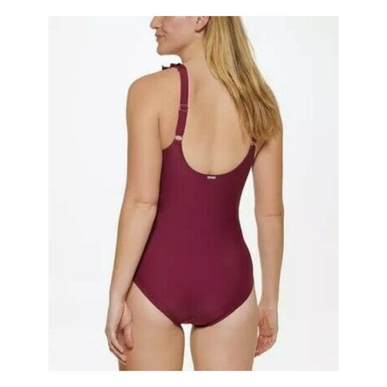 DKNY Women's Burgundy Stretch Tummy Control Ruffled