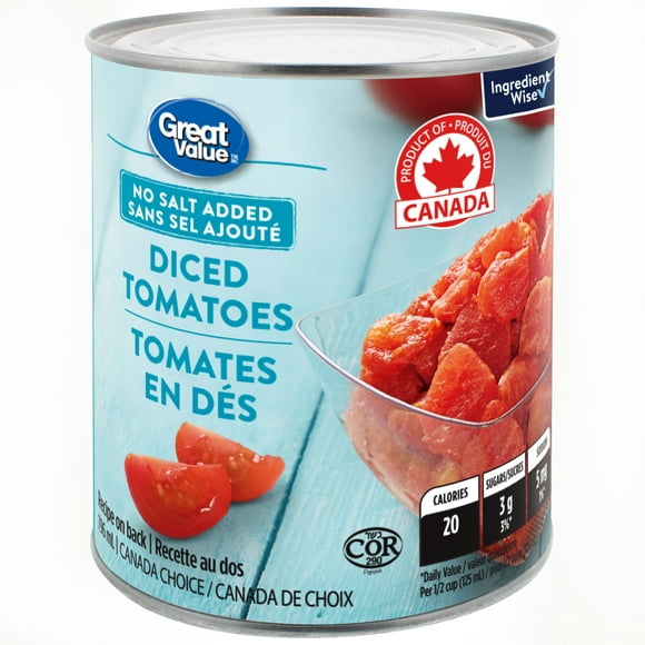 Great Value No Salt Added Diced Tomatoes, 796 mL
