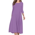 thumbnail image 2 of Hfyihgf Women's Fall Casual 3/4 Sleeve Dresses Crewneck Empire Waist Loose A-Line Flare Midi Dress Z1-Light Purple L, 2 of 9