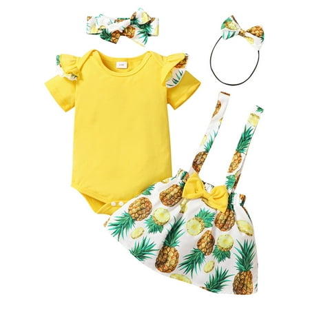 

3Pcs Newborn Baby Girls Overalls Dress Set Short Sleeve Rompers Tops + Fruit Printed Suspender Skirt + Headband