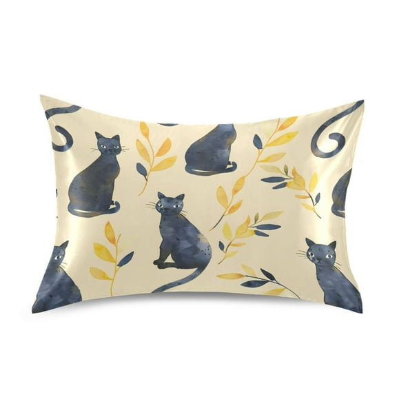 Satin Pillow Case Watercolor Cat and Leaf Standard Silk Pillow Cover for Hair and Skin Envelope Closure 20"x26"