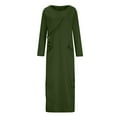 thumbnail image 5 of Olyvenn Womens Plus Size Maxi Long Sweatshirt Dress Fashion Winter Slip Stylish Solid House Dress Crew Neck Blouse Slim Fit Slit Hem Casual Smocked Raglan Skinny Long Sleeve Prom Dress Army Green 12, 5 of 6