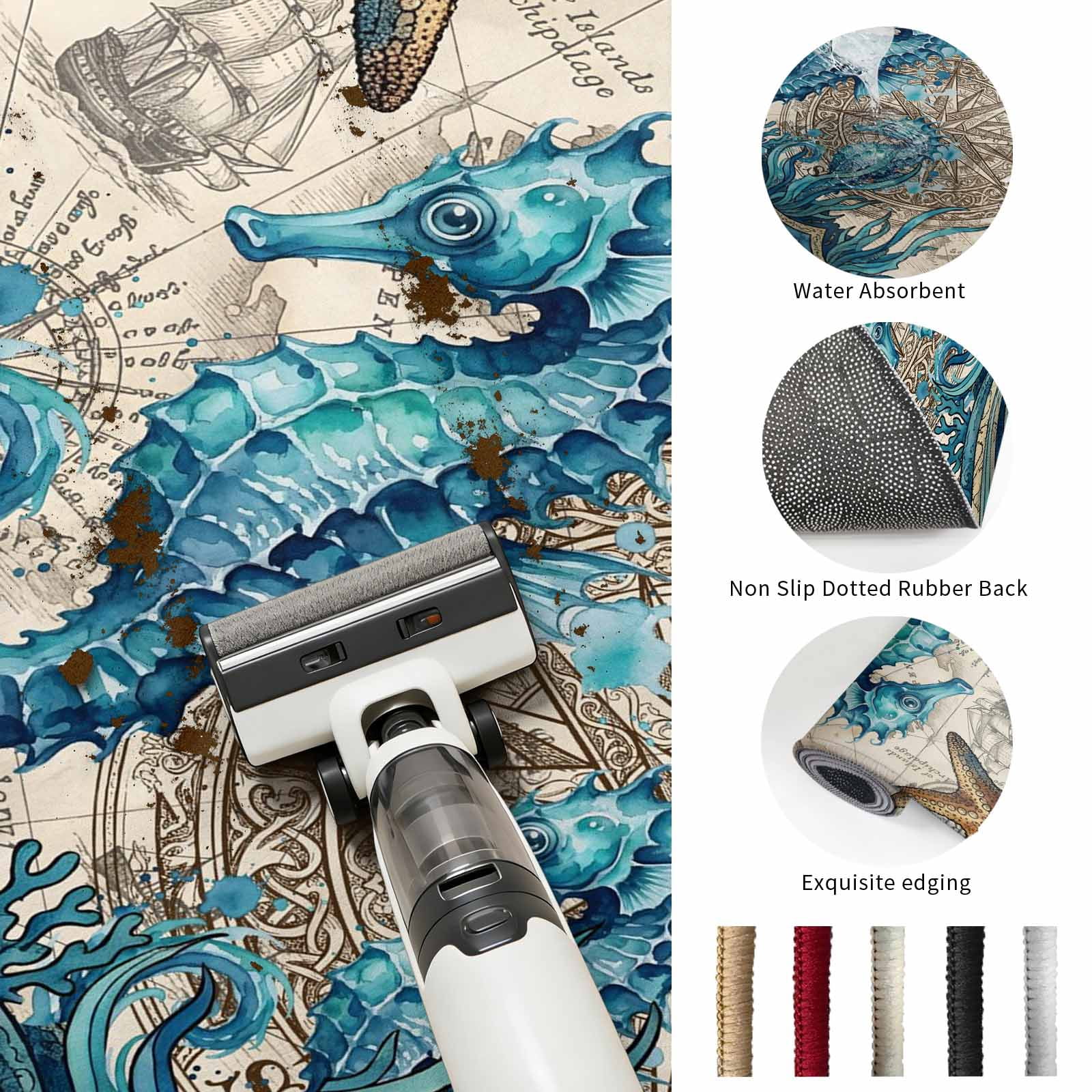 Area Rugs 5'x7', Nautical Coastal Carpet Runner Indoor Outdoor Rugs Home Decor Aesthetic, Retro Marine Life Seahorse Compass Map Beige Non Slip Mats Washable Accent Rug for Living Room Bedroom