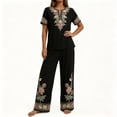 thumbnail image 4 of Floleo Women Boho Two Piece Outfit V Neck 3/4 Sleeve Floral Print Top Wide Leg Pants Vacation Matching Set, 4 of 7