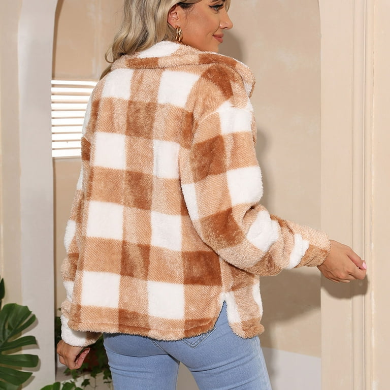 Women's Plaid Jackets, Women Coats Fuzzy Fleece Sherpa Faux Fur